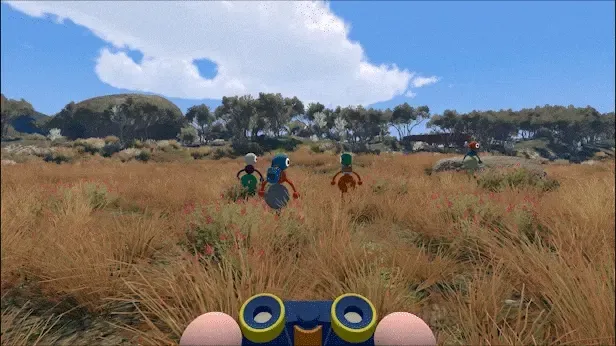 Official Big Walk gameplay animation of a first-person view through binoculars watching teammates cross a grassy field